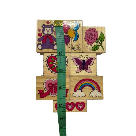 Assorted Hearts Balloon Rainbow Flower Butterfly Wood Mount Rubber Stamp Set - Picture 4 of 4
